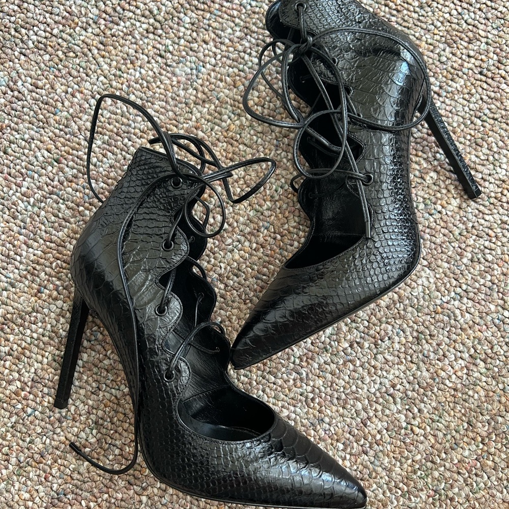 Saint Laurent Black Python Lace Up Heels 35.5